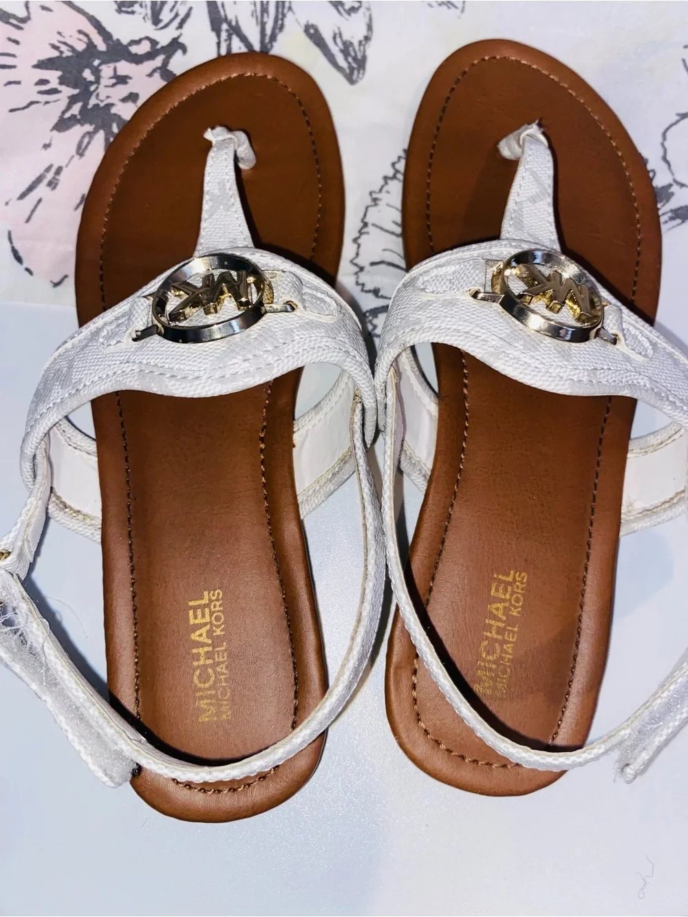 Michael Kors White Logo Thong Sandals with Gold MK Emblems
